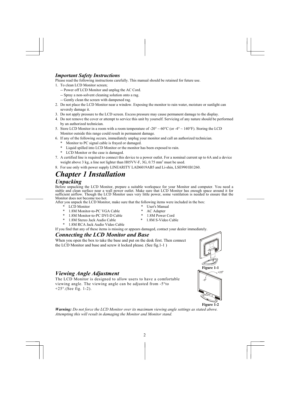 Chapter 1 installation, Unpacking, Connecting the lcd monitor and base | Viewing angle adjustment, Important safety instructions | Acer AL1931 User Manual | Page 2 / 10