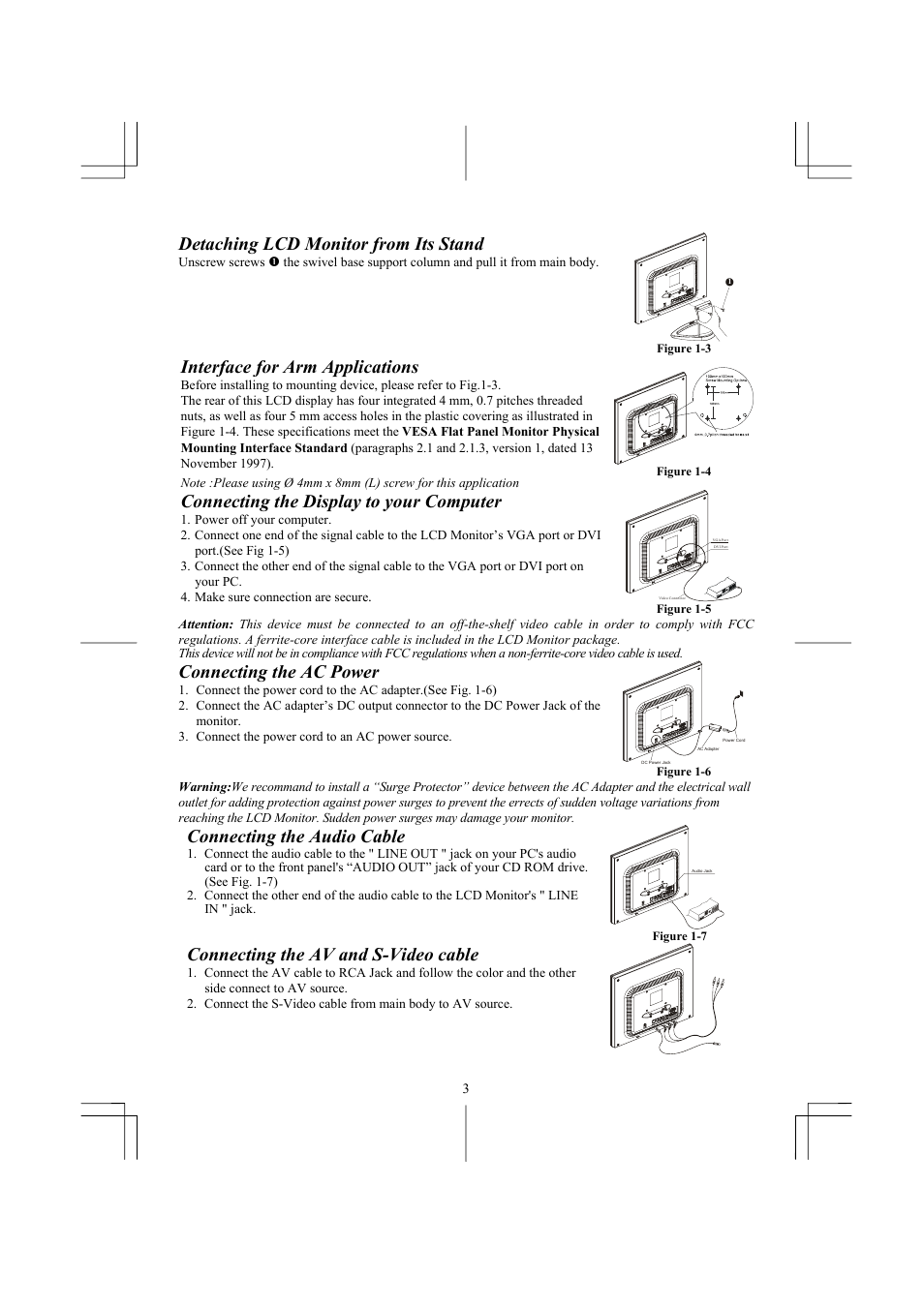 Detaching lcd monitor from its stand, Interface for arm applications, Connecting the display to your computer | Connecting the ac power, Connecting the audio cable, Connecting the av and s-video cable | Acer AL1931 User Manual | Page 3 / 10