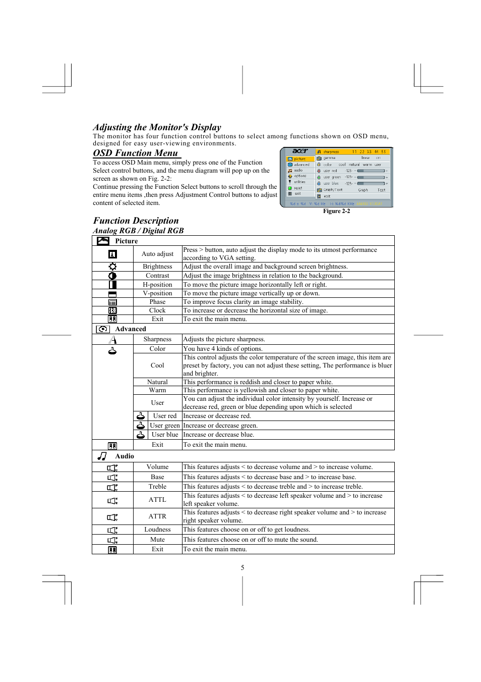 Adjusting the monitor's display, Osd function menu, Function description | Acer AL1931 User Manual | Page 5 / 10