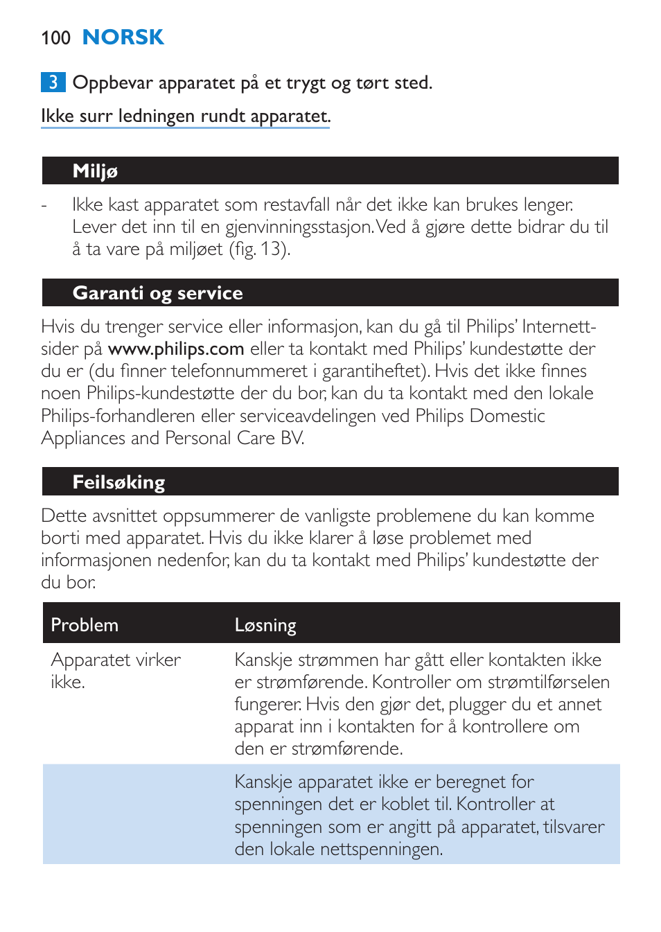Miljø, Garanti og service, Feilsøking | Philips Brosse multi-styles User Manual | Page 100 / 148