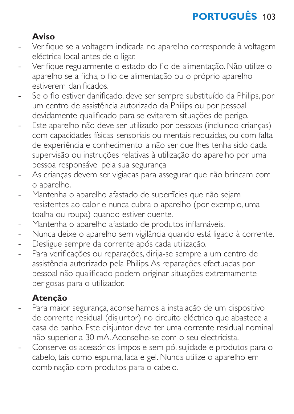 Aviso, Atenção | Philips Brosse multi-styles User Manual | Page 103 / 148