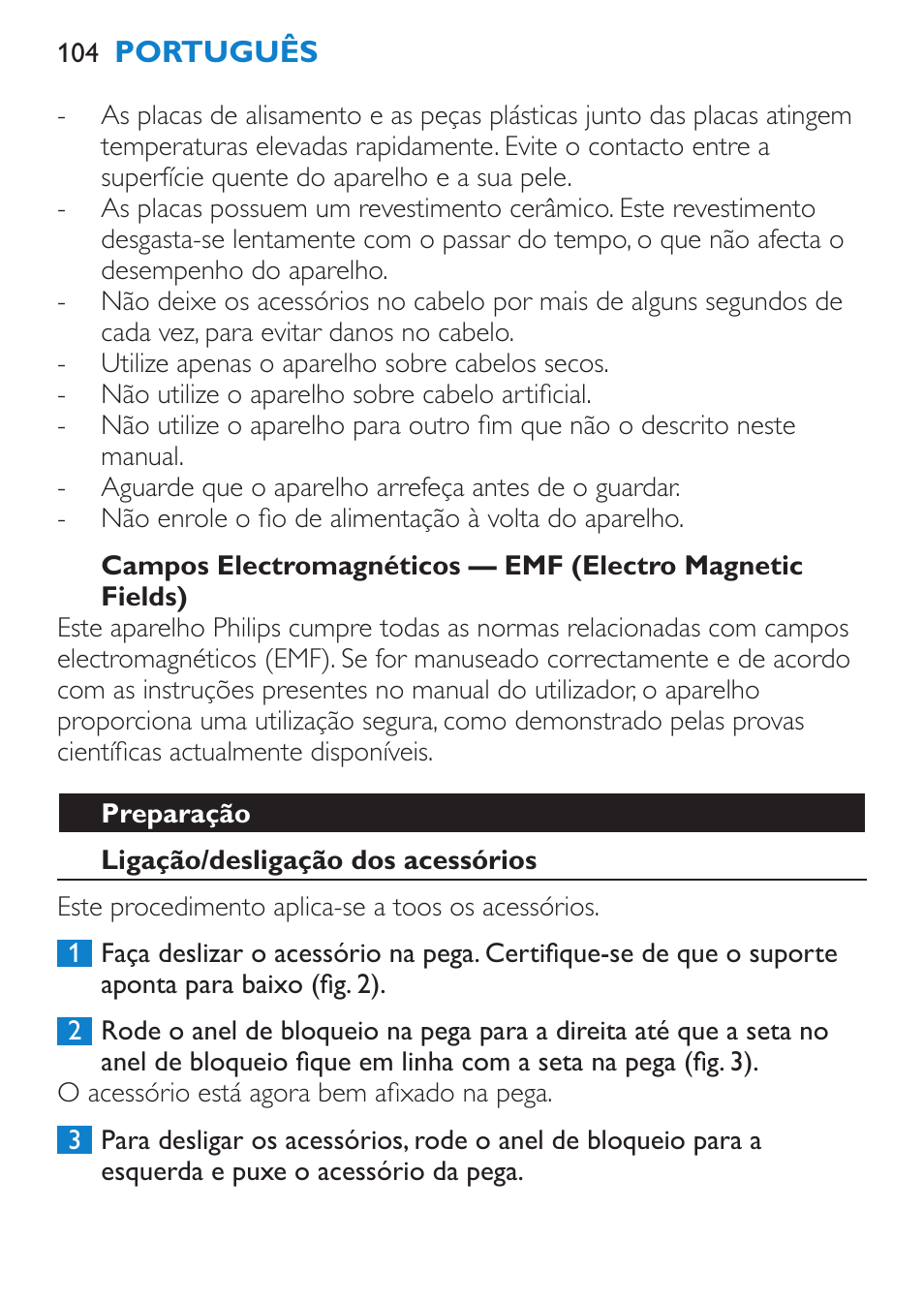 Preparação, Ligação/desligação dos acessórios | Philips Brosse multi-styles User Manual | Page 104 / 148