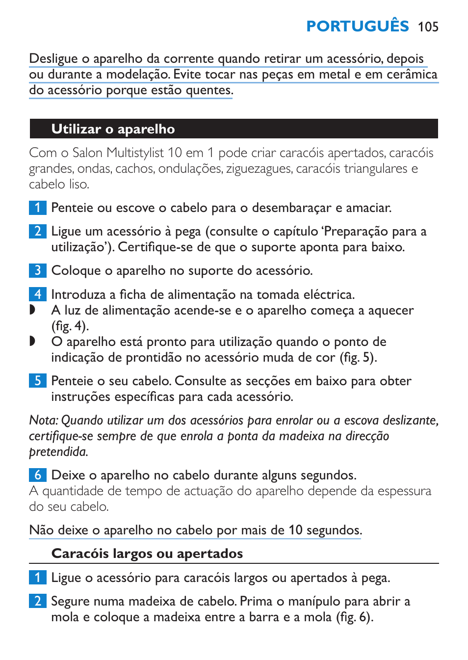 Utilizar o aparelho, Caracóis largos ou apertados | Philips Brosse multi-styles User Manual | Page 105 / 148