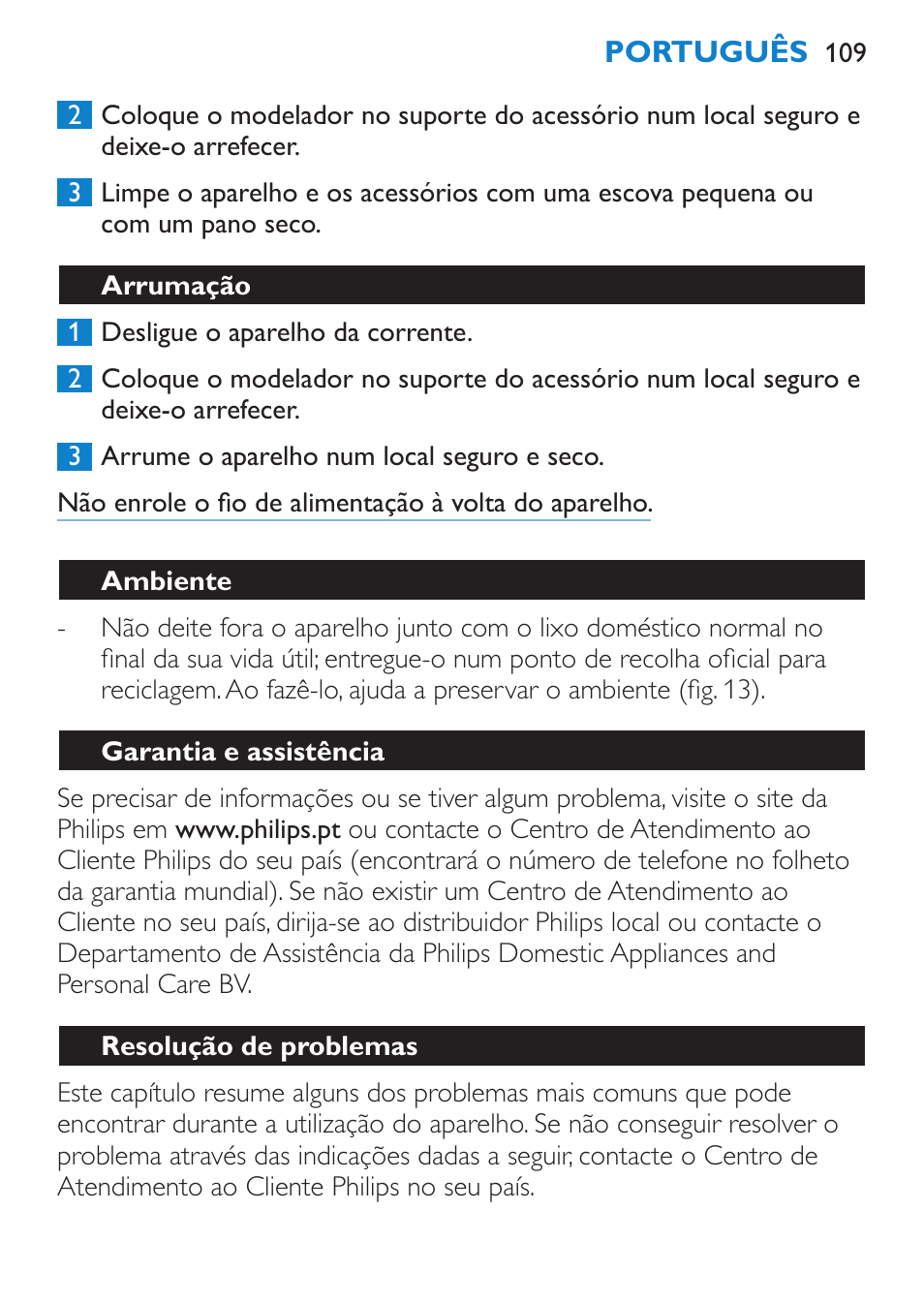 Arrumação, Ambiente, Garantia e assistência | Resolução de problemas | Philips Brosse multi-styles User Manual | Page 109 / 148