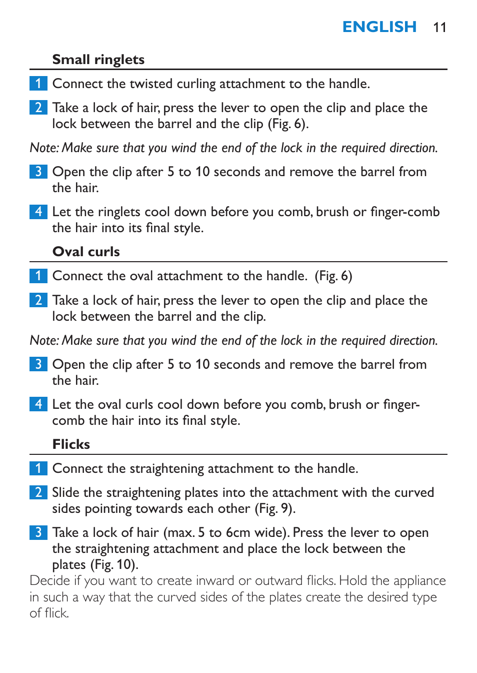 Small ringlets, Oval curls, Flicks | Philips Brosse multi-styles User Manual | Page 11 / 148