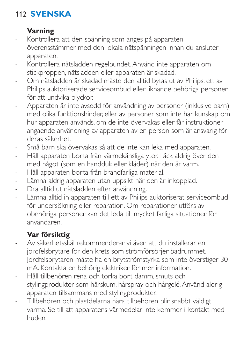 Varning, Var försiktig | Philips Brosse multi-styles User Manual | Page 112 / 148