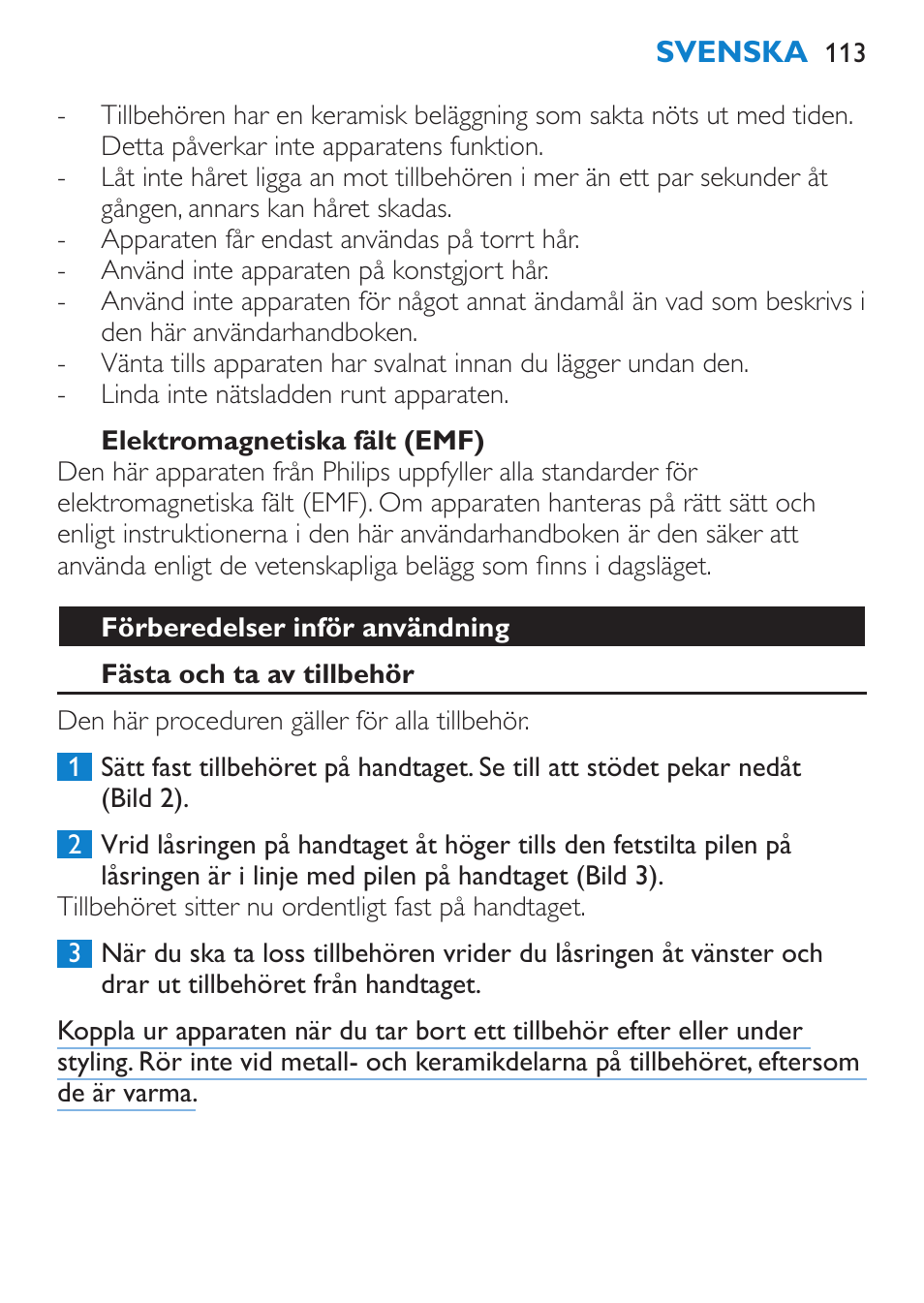 Elektromagnetiska fält (emf), Förberedelser inför användning, Fästa och ta av tillbehör | Philips Brosse multi-styles User Manual | Page 113 / 148