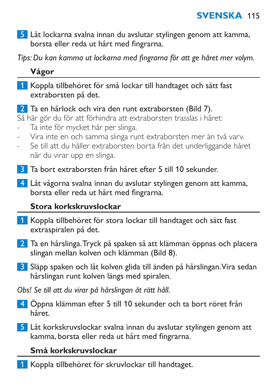 Vågor, Stora korkskruvslockar, Små korkskruvslockar | Philips Brosse multi-styles User Manual | Page 115 / 148