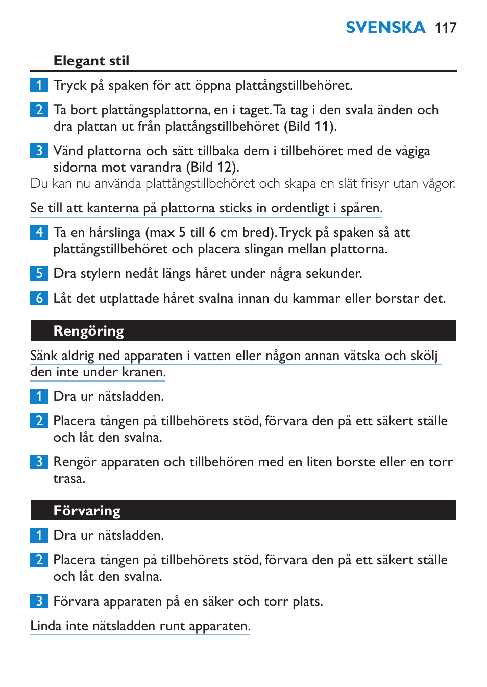 Elegant stil, Rengöring, Förvaring | Philips Brosse multi-styles User Manual | Page 117 / 148