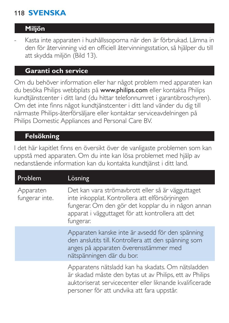 Miljön, Garanti och service, Felsökning | Philips Brosse multi-styles User Manual | Page 118 / 148