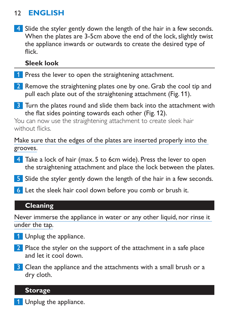 Sleek look, Cleaning, Storage | Philips Brosse multi-styles User Manual | Page 12 / 148