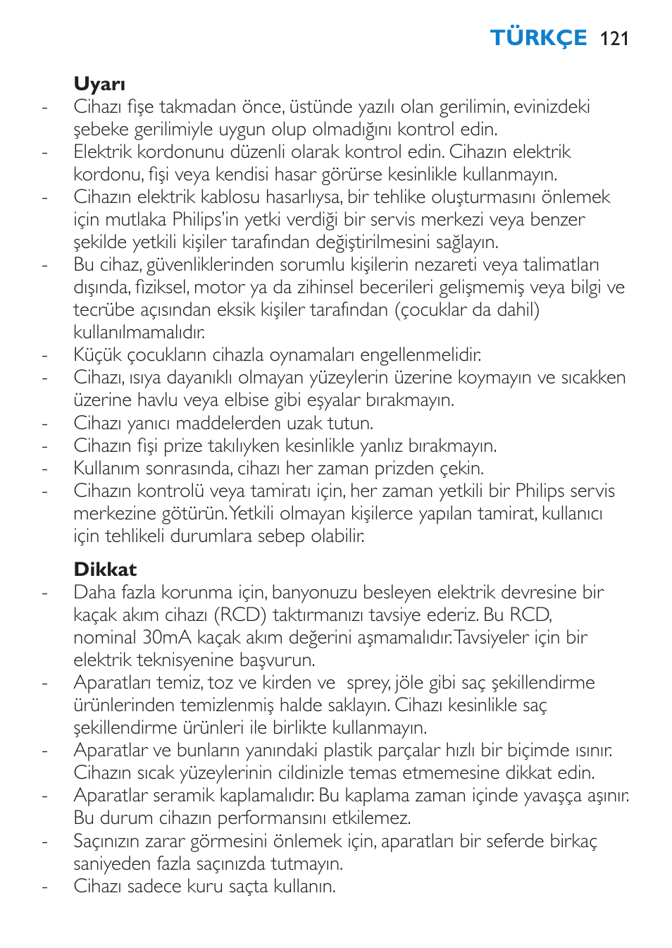 Uyarı, Dikkat | Philips Brosse multi-styles User Manual | Page 121 / 148