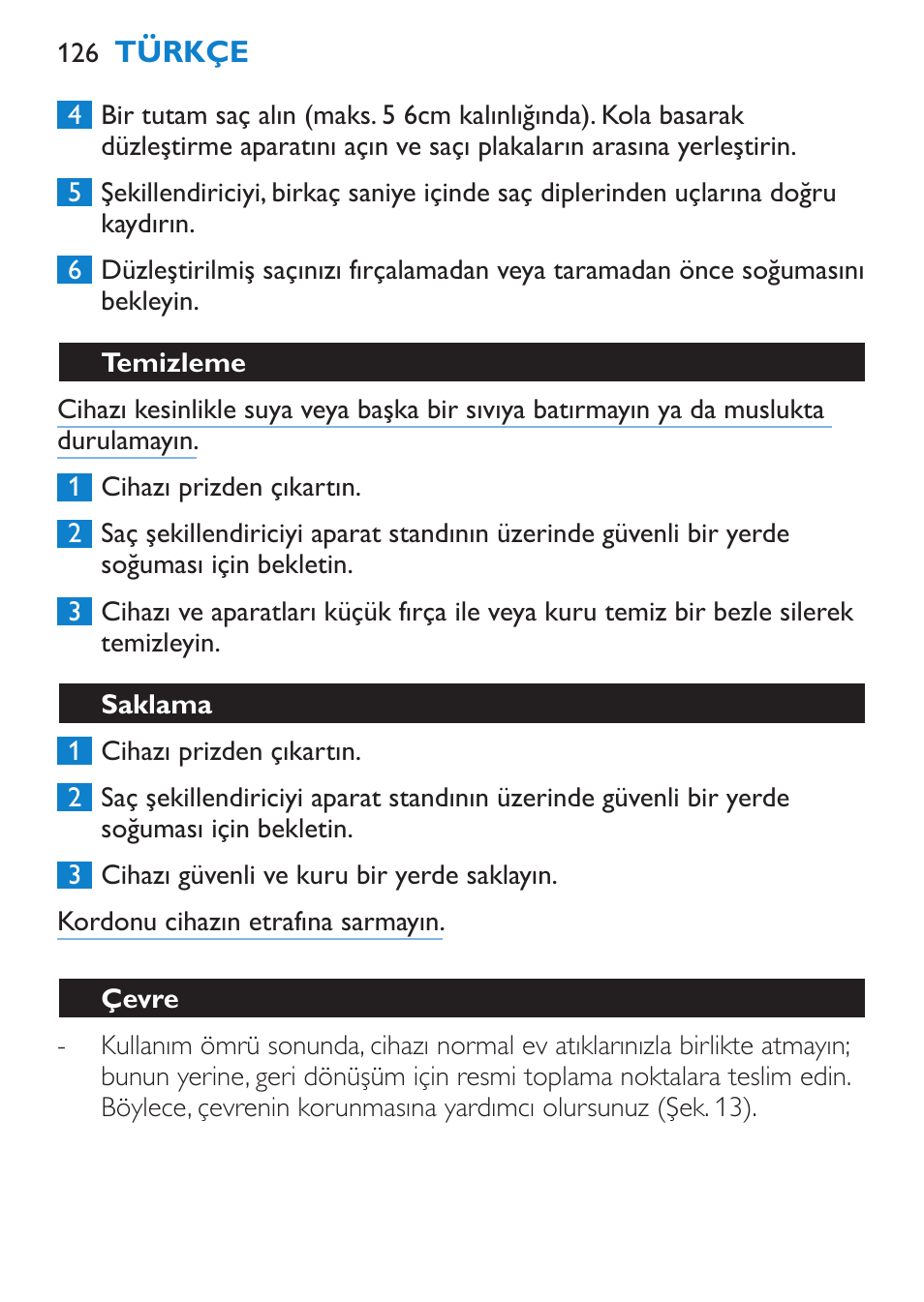 Temizleme, Saklama, Çevre | Philips Brosse multi-styles User Manual | Page 126 / 148