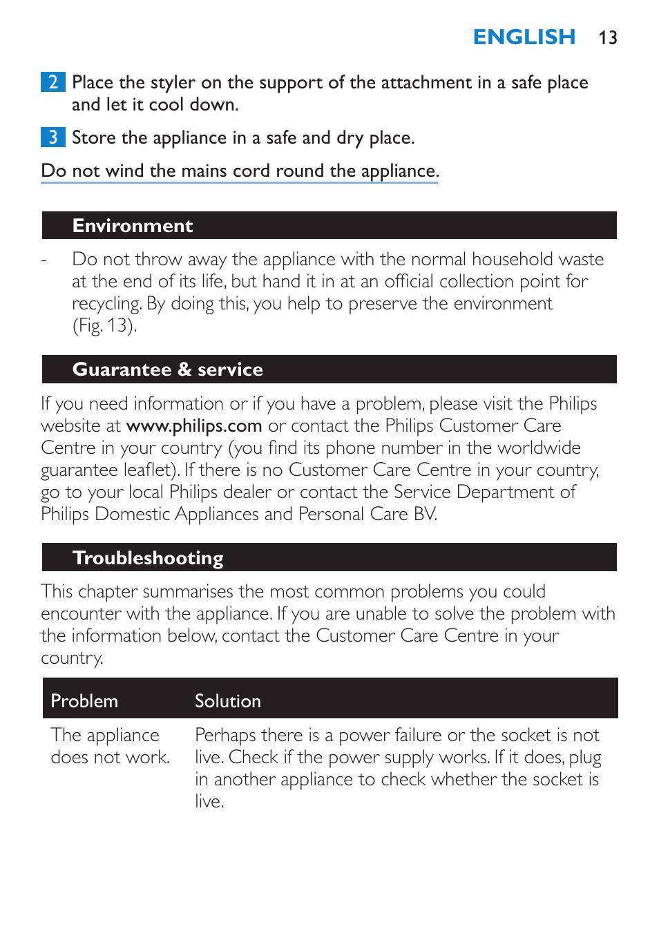 Environment, Guarantee & service, Troubleshooting | Philips Brosse multi-styles User Manual | Page 13 / 148
