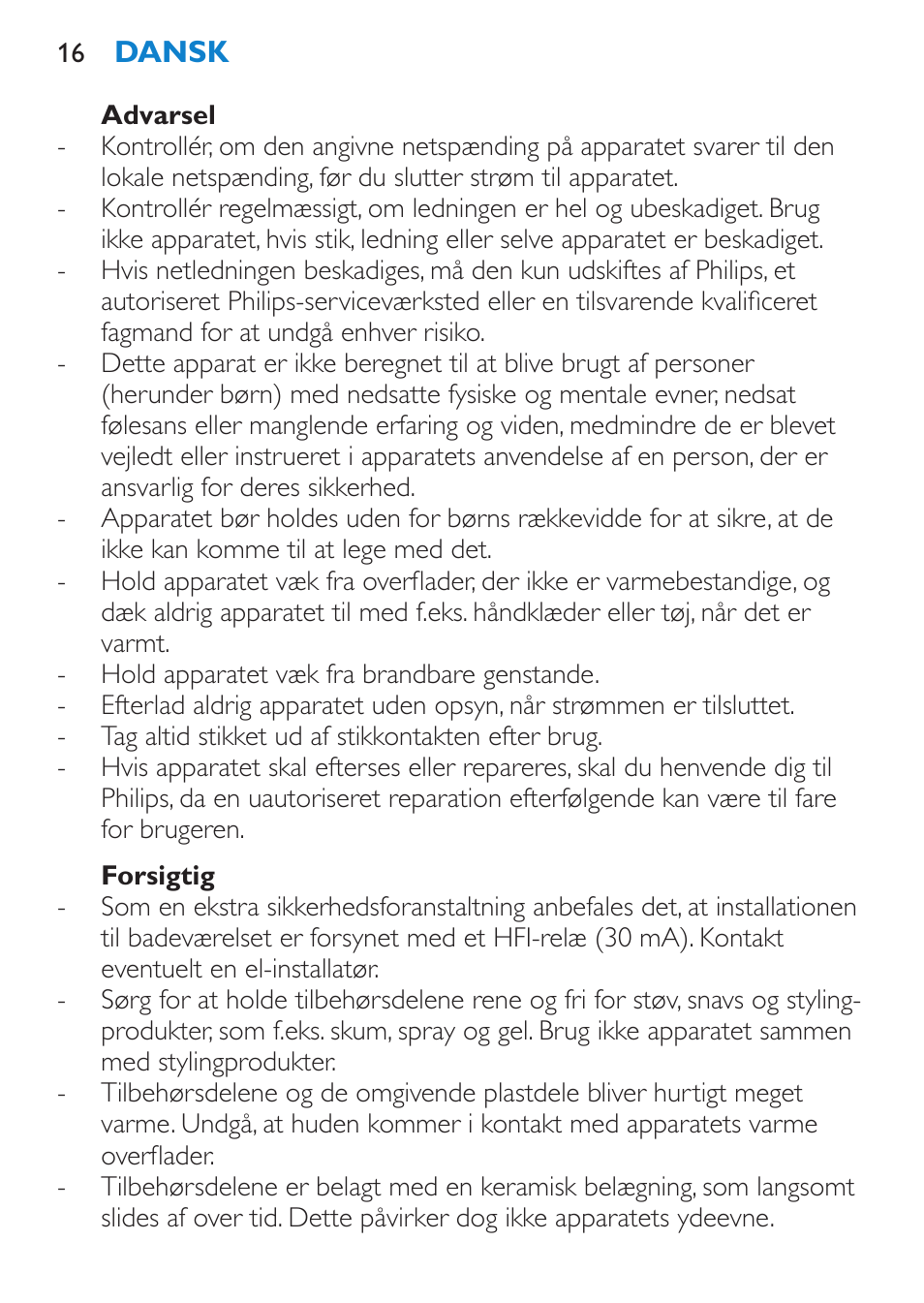 Advarsel, Forsigtig | Philips Brosse multi-styles User Manual | Page 16 / 148