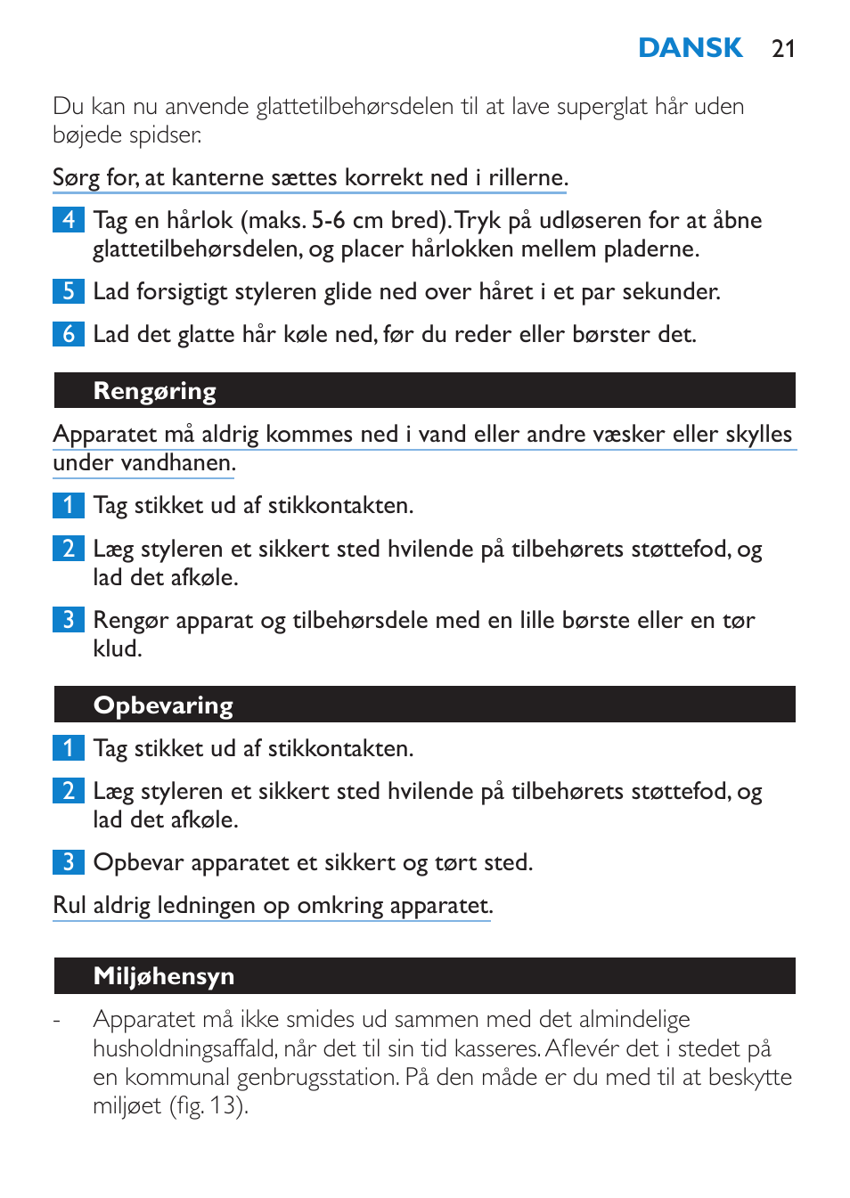 Rengøring, Opbevaring, Miljøhensyn | Philips Brosse multi-styles User Manual | Page 21 / 148