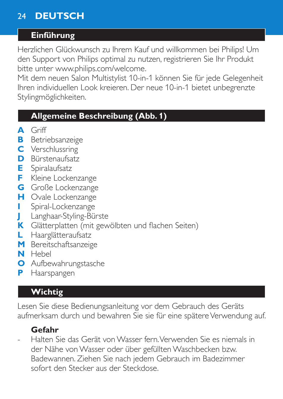 Gefahr, Deutsch, Einführung | Allgemeine beschreibung (abb. 1), Wichtig | Philips Brosse multi-styles User Manual | Page 24 / 148