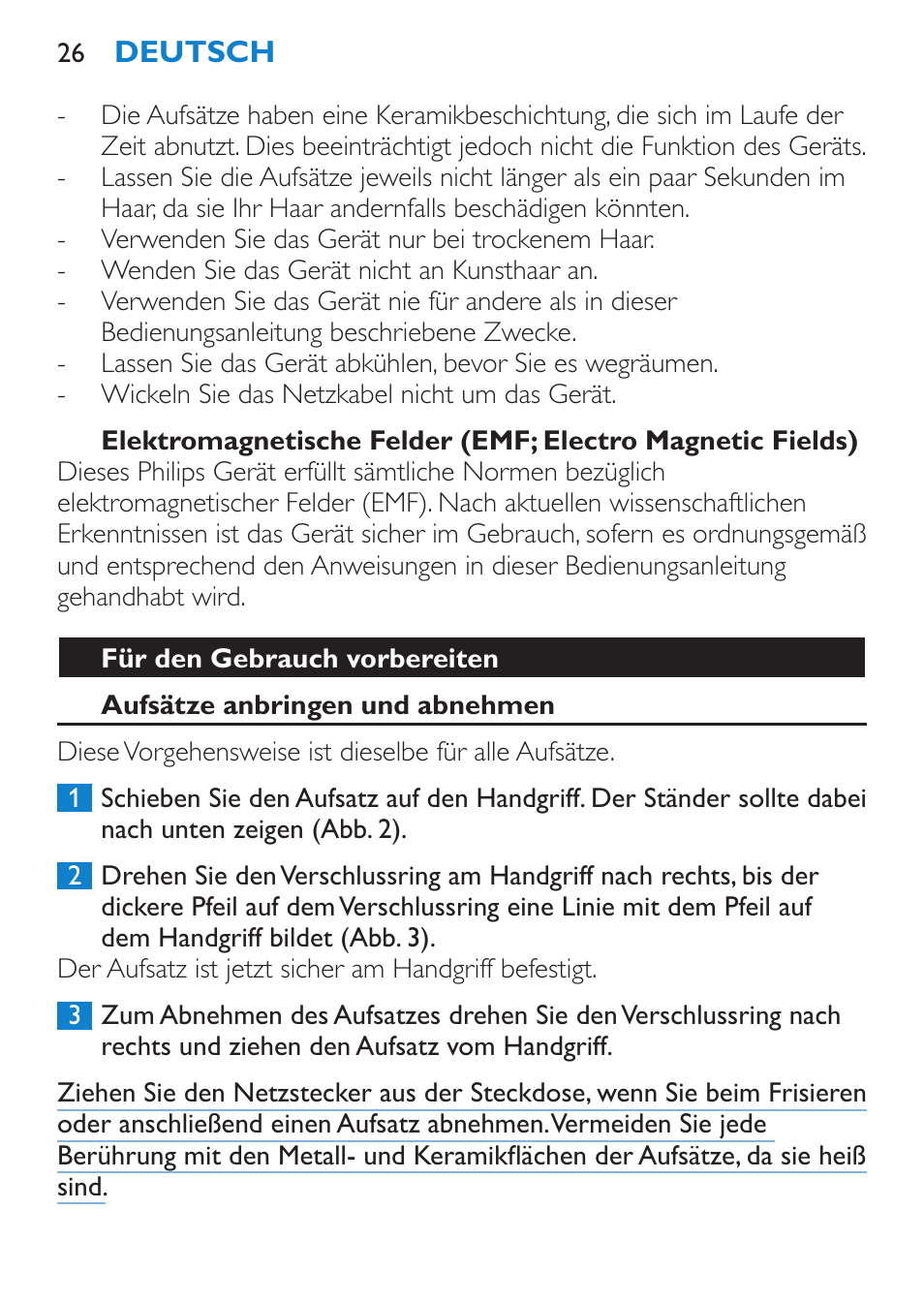 Für den gebrauch vorbereiten, Aufsätze anbringen und abnehmen | Philips Brosse multi-styles User Manual | Page 26 / 148