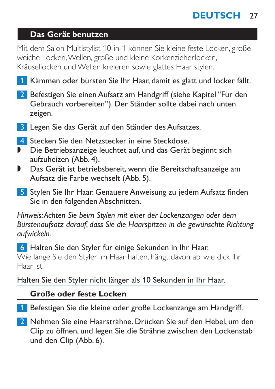 Das gerät benutzen, Große oder feste locken | Philips Brosse multi-styles User Manual | Page 27 / 148