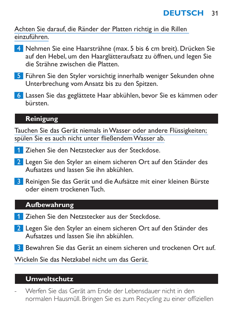Reinigung, Aufbewahrung, Umweltschutz | Philips Brosse multi-styles User Manual | Page 31 / 148