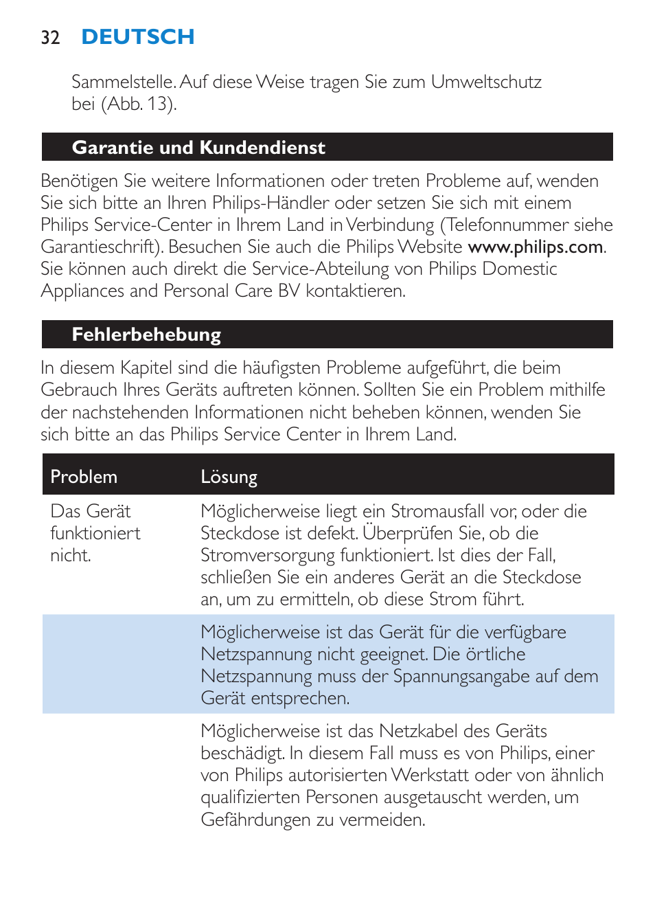Garantie und kundendienst, Fehlerbehebung | Philips Brosse multi-styles User Manual | Page 32 / 148