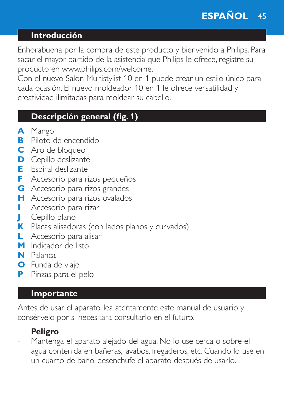 Peligro, Español, Introducción | Descripción general (fig. 1), Importante | Philips Brosse multi-styles User Manual | Page 45 / 148