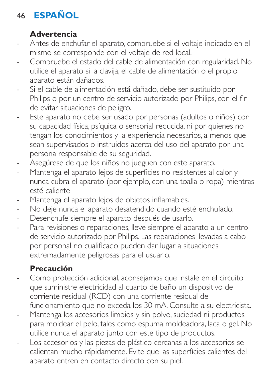Advertencia, Precaución | Philips Brosse multi-styles User Manual | Page 46 / 148