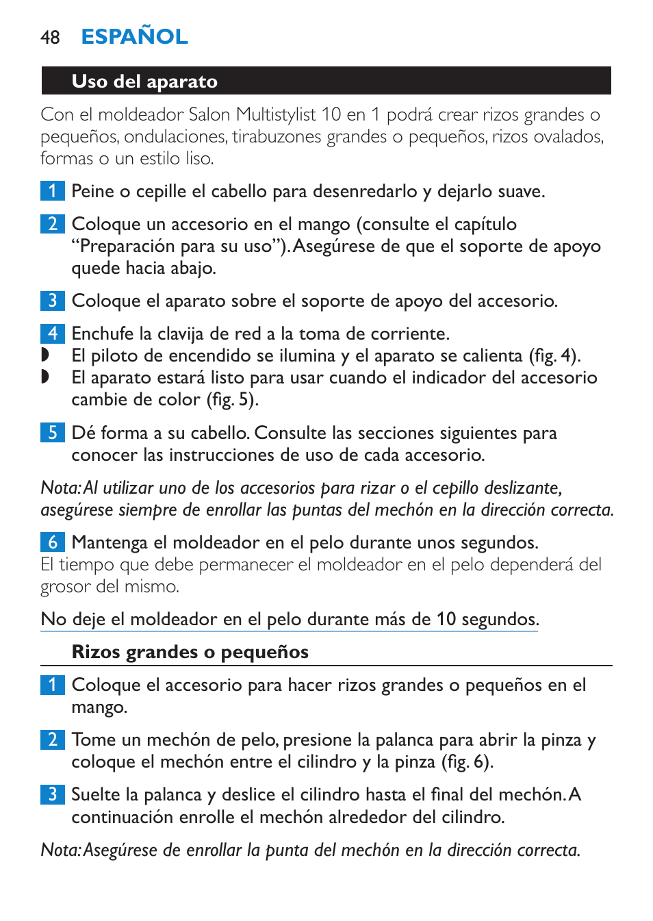 Uso del aparato, Rizos grandes o pequeños | Philips Brosse multi-styles User Manual | Page 48 / 148