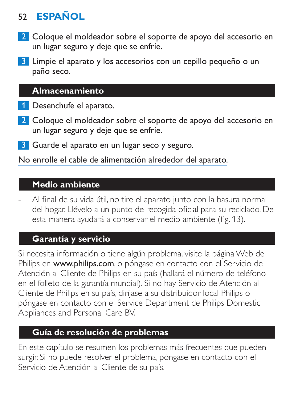 Almacenamiento, Medio ambiente, Garantía y servicio | Guía de resolución de problemas | Philips Brosse multi-styles User Manual | Page 52 / 148