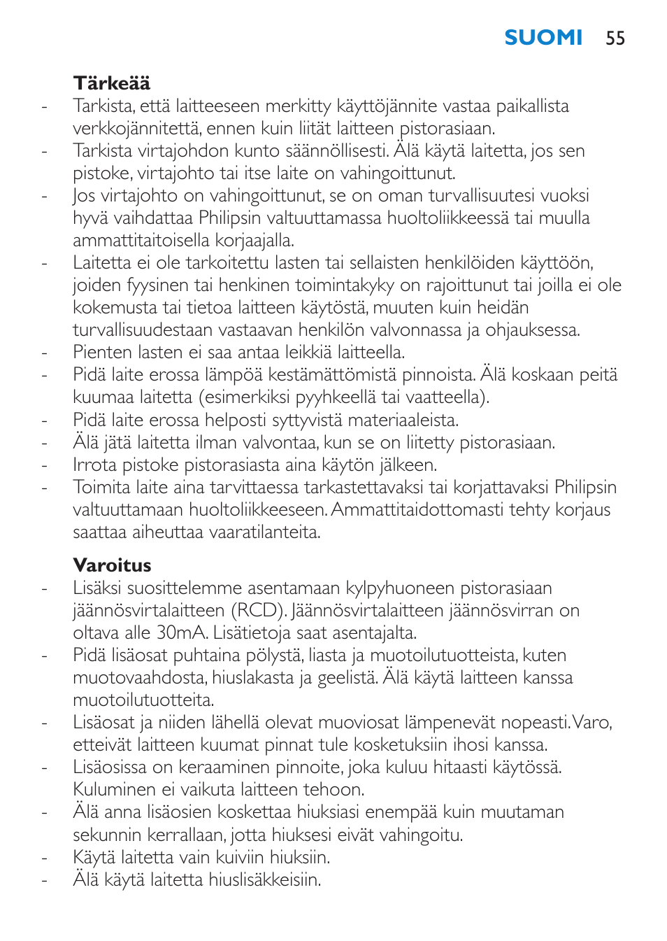 Tärkeää, Varoitus | Philips Brosse multi-styles User Manual | Page 55 / 148