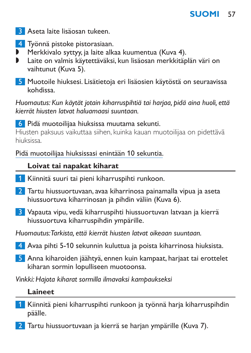 Loivat tai napakat kiharat, Laineet | Philips Brosse multi-styles User Manual | Page 57 / 148