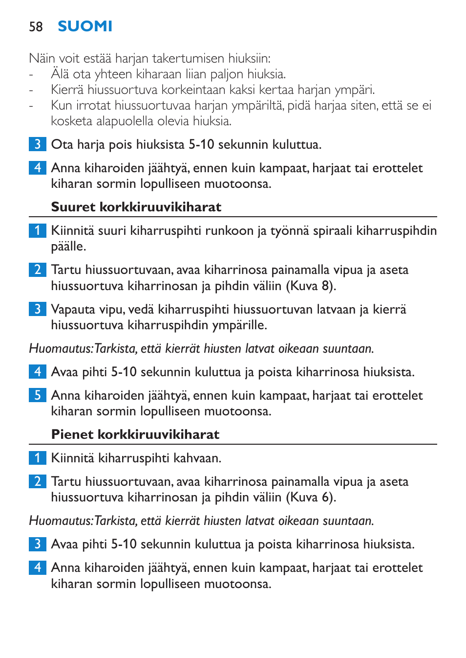 Suuret korkkiruuvikiharat, Pienet korkkiruuvikiharat | Philips Brosse multi-styles User Manual | Page 58 / 148