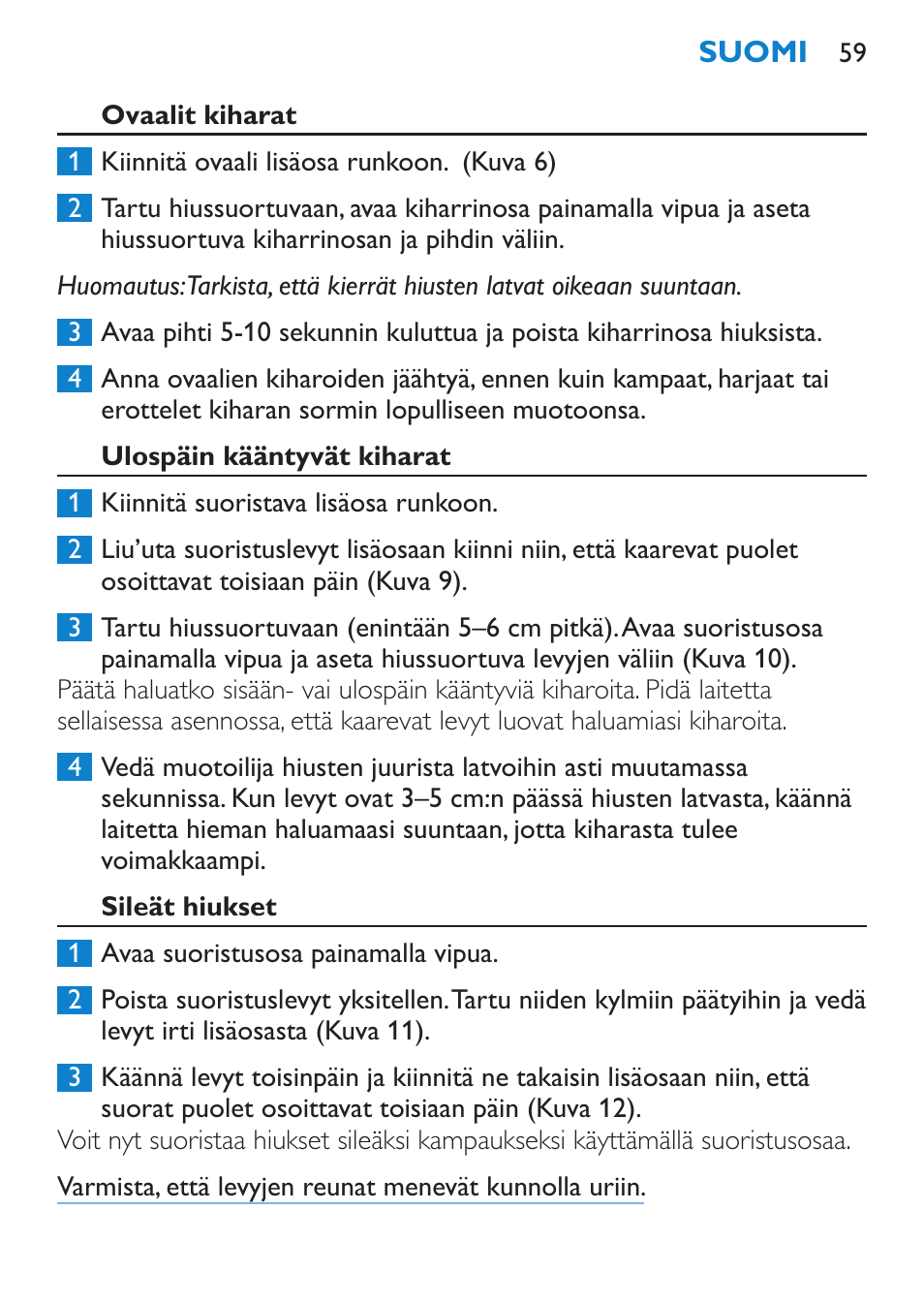 Ovaalit kiharat, Ulospäin kääntyvät kiharat, Sileät hiukset | Philips Brosse multi-styles User Manual | Page 59 / 148