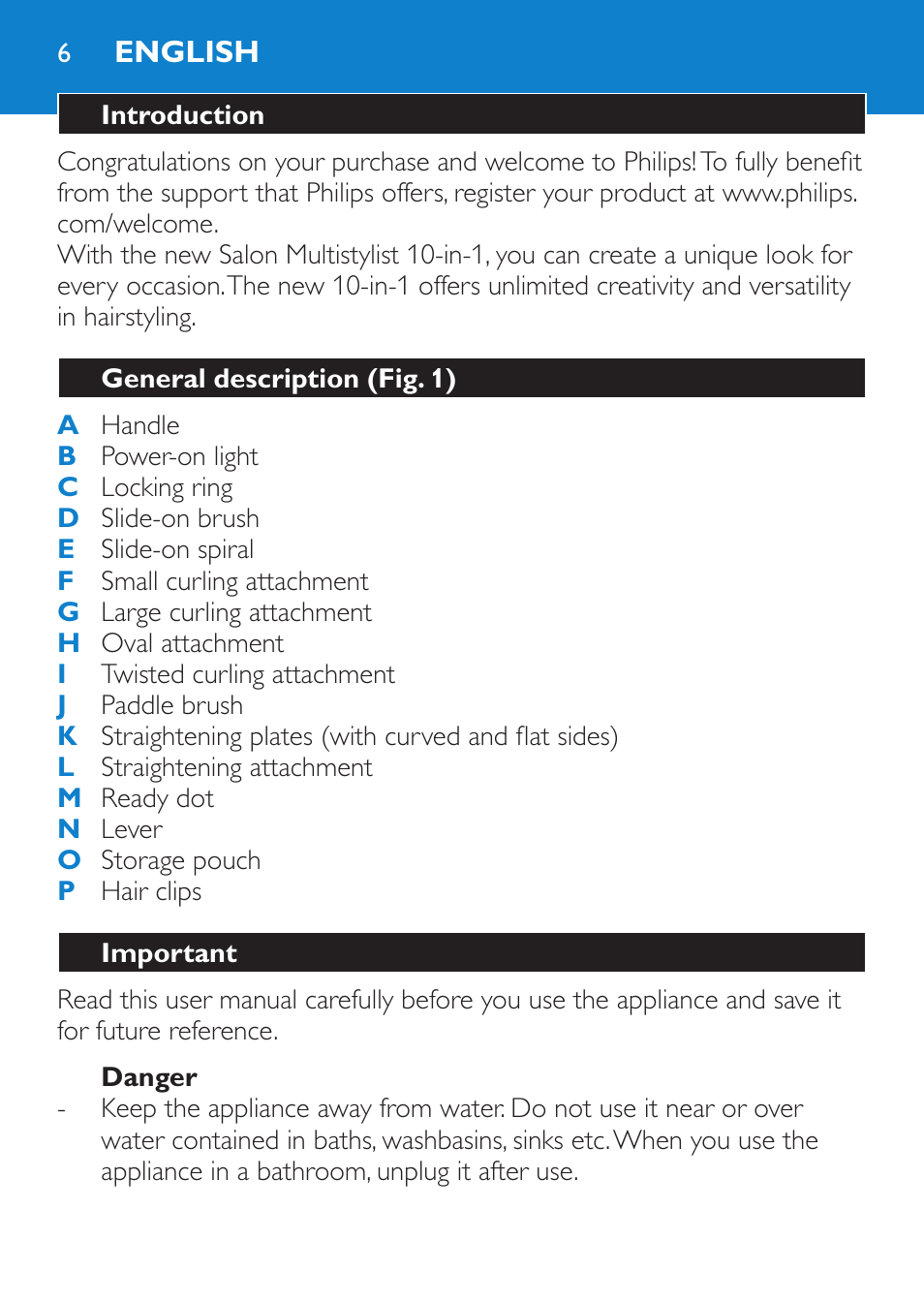 English, Introduction, General description (fig. 1) | Important, Danger | Philips Brosse multi-styles User Manual | Page 6 / 148