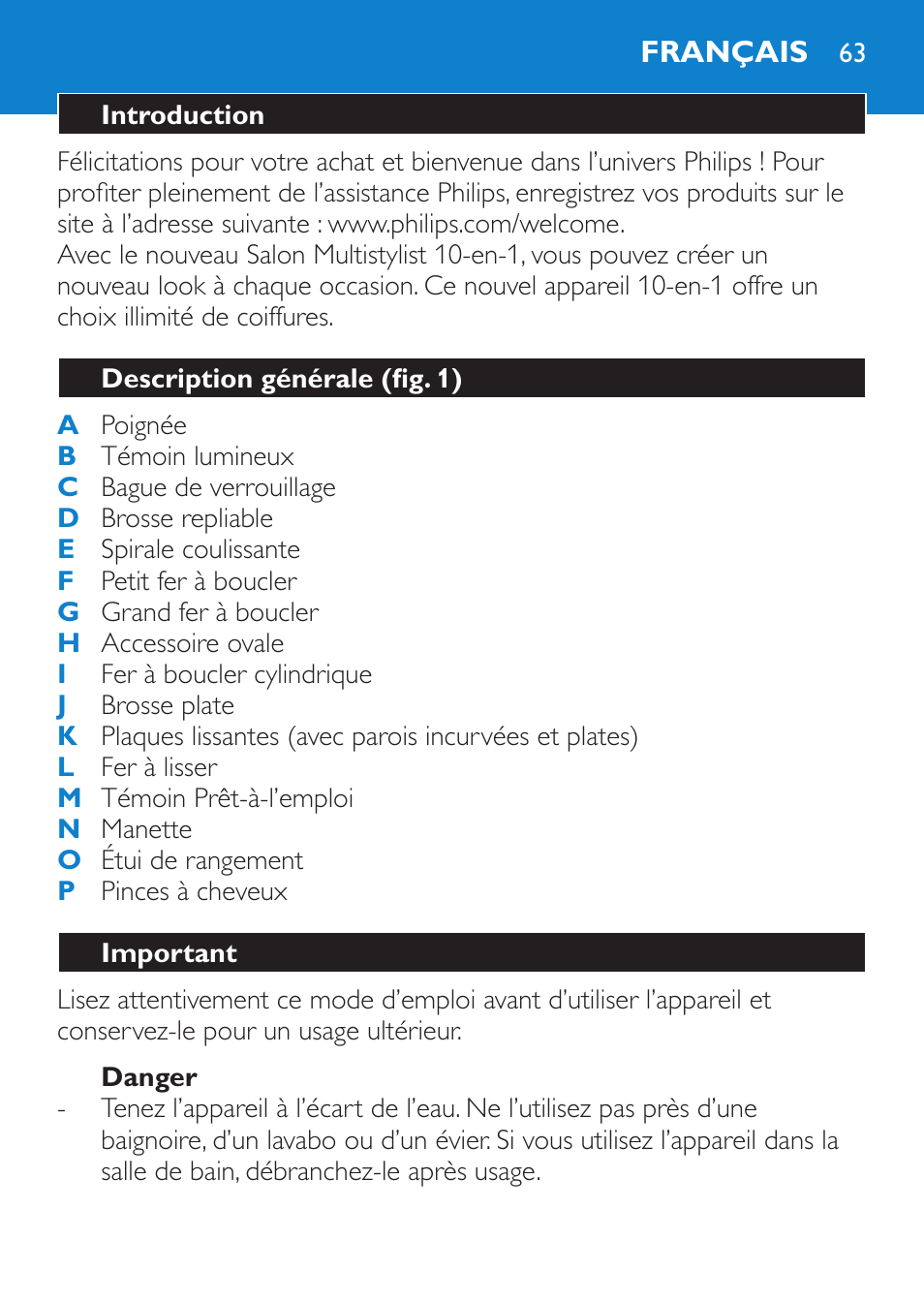 Danger, Français, Introduction | Description générale (fig. 1), Important | Philips Brosse multi-styles User Manual | Page 63 / 148