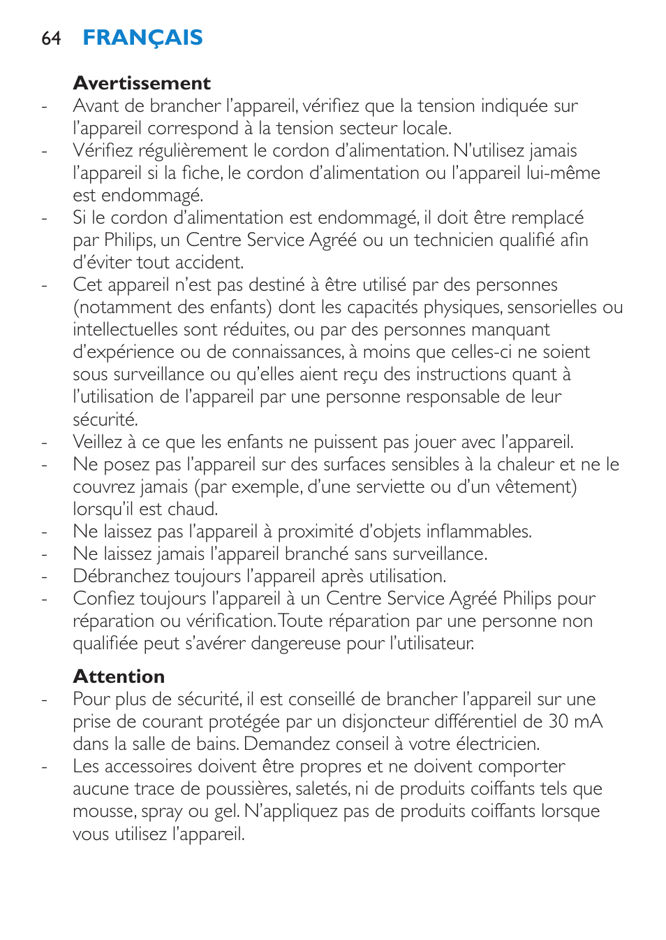 Avertissement, Attention | Philips Brosse multi-styles User Manual | Page 64 / 148