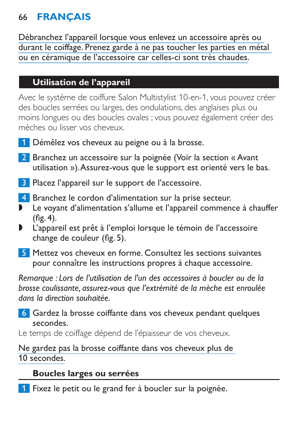 Utilisation de l’appareil, Boucles larges ou serrées | Philips Brosse multi-styles User Manual | Page 66 / 148