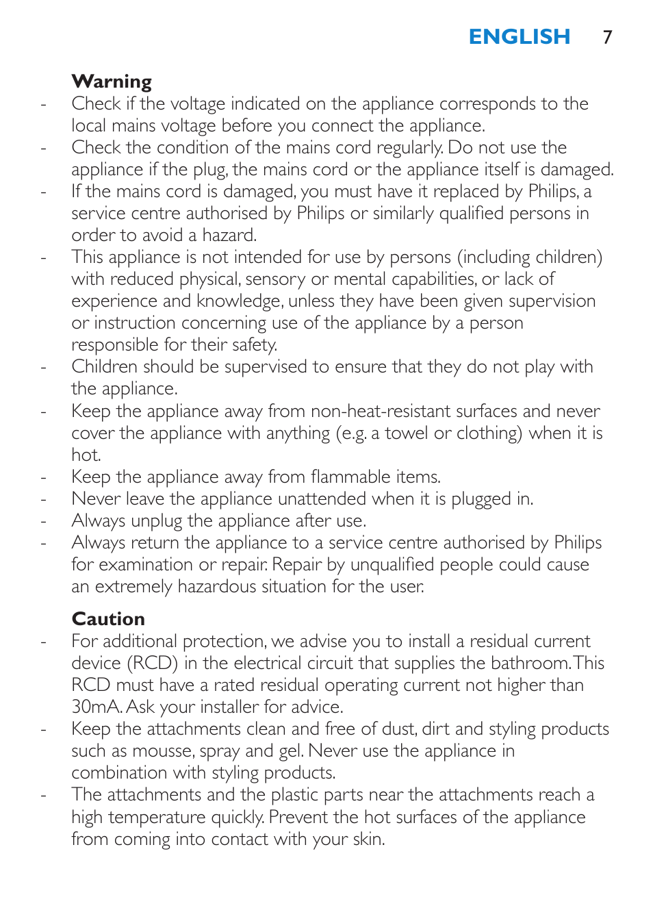 Warning, Caution | Philips Brosse multi-styles User Manual | Page 7 / 148