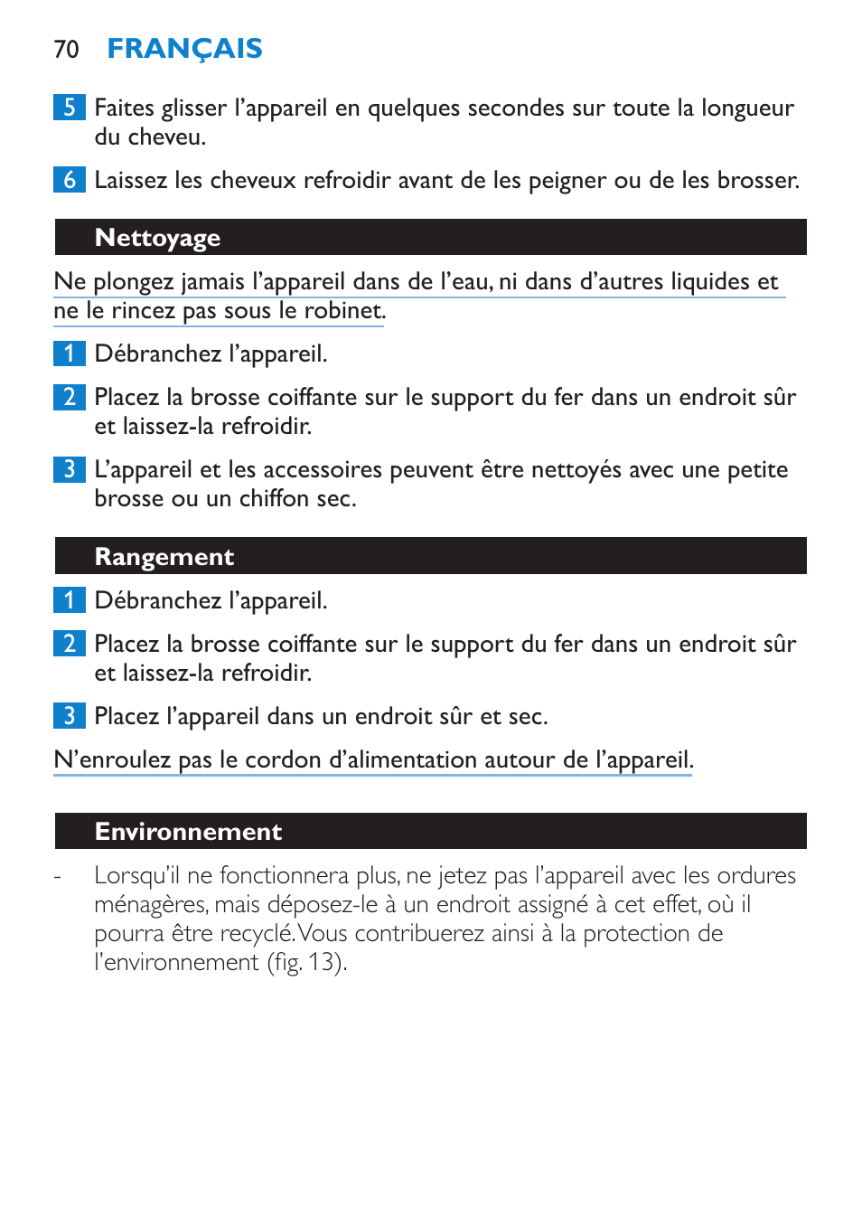 Nettoyage, Rangement, Environnement | Garantie et service | Philips Brosse multi-styles User Manual | Page 70 / 148