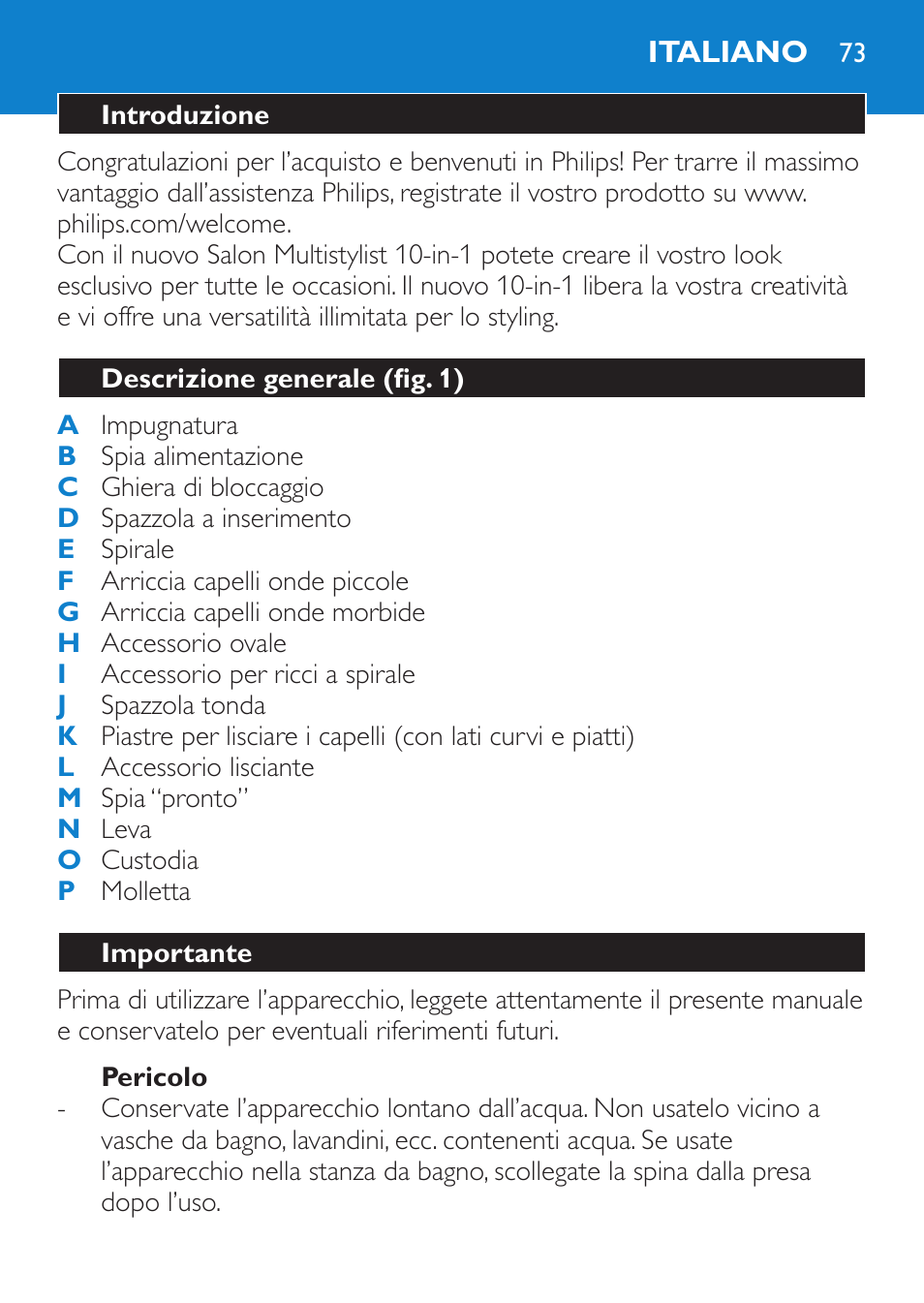 Pericolo, Italiano, Introduzione | Descrizione generale (fig. 1), Importante | Philips Brosse multi-styles User Manual | Page 73 / 148