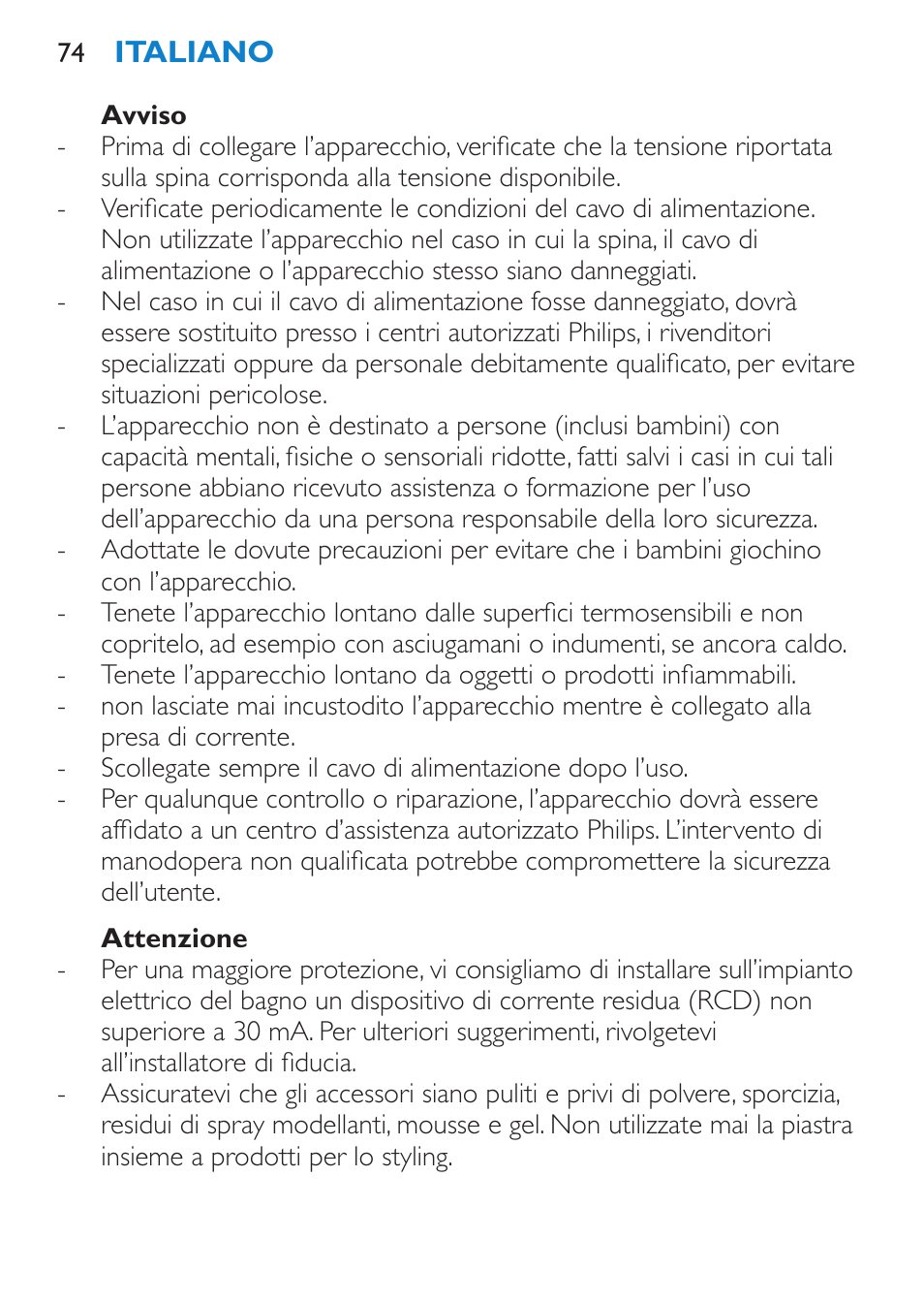 Avviso, Attenzione | Philips Brosse multi-styles User Manual | Page 74 / 148