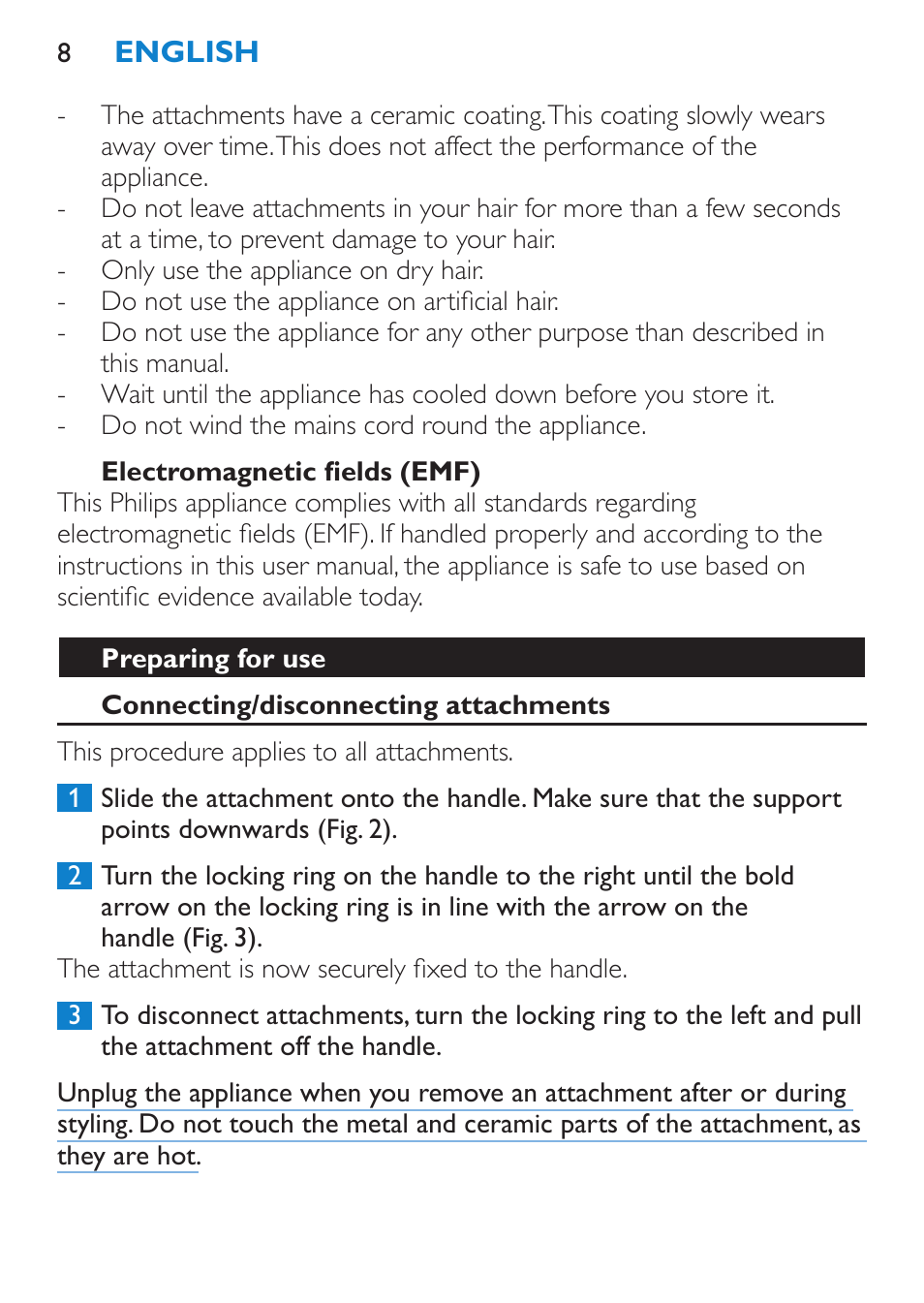 Electromagnetic fields (emf), Preparing for use, Connecting/disconnecting attachments | Philips Brosse multi-styles User Manual | Page 8 / 148