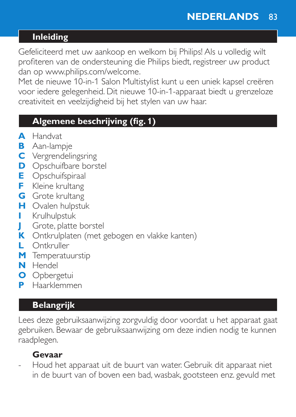 Gevaar, Nederlands, Inleiding | Algemene beschrijving (fig. 1), Belangrijk | Philips Brosse multi-styles User Manual | Page 83 / 148