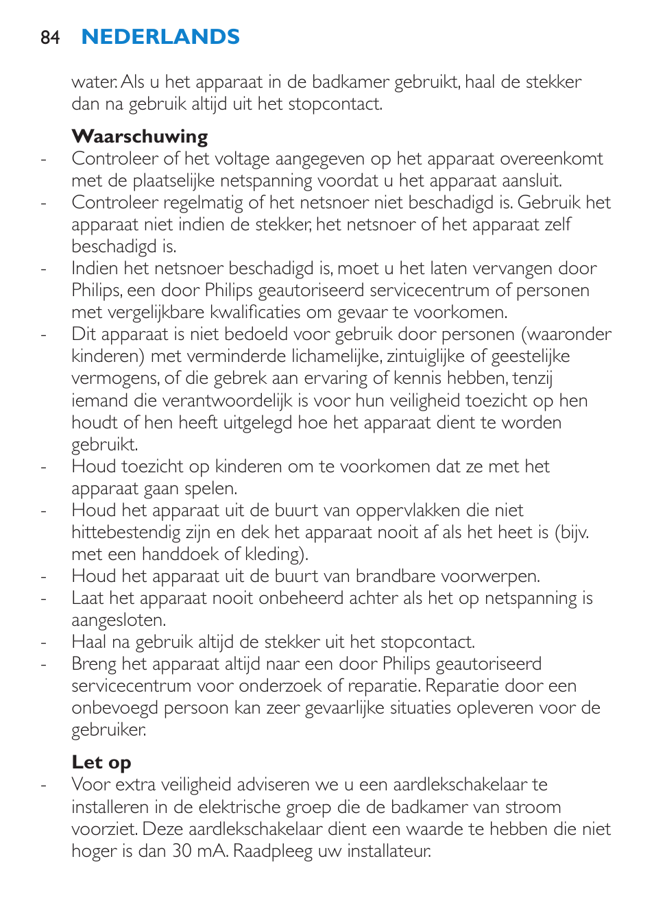 Waarschuwing, Let op | Philips Brosse multi-styles User Manual | Page 84 / 148