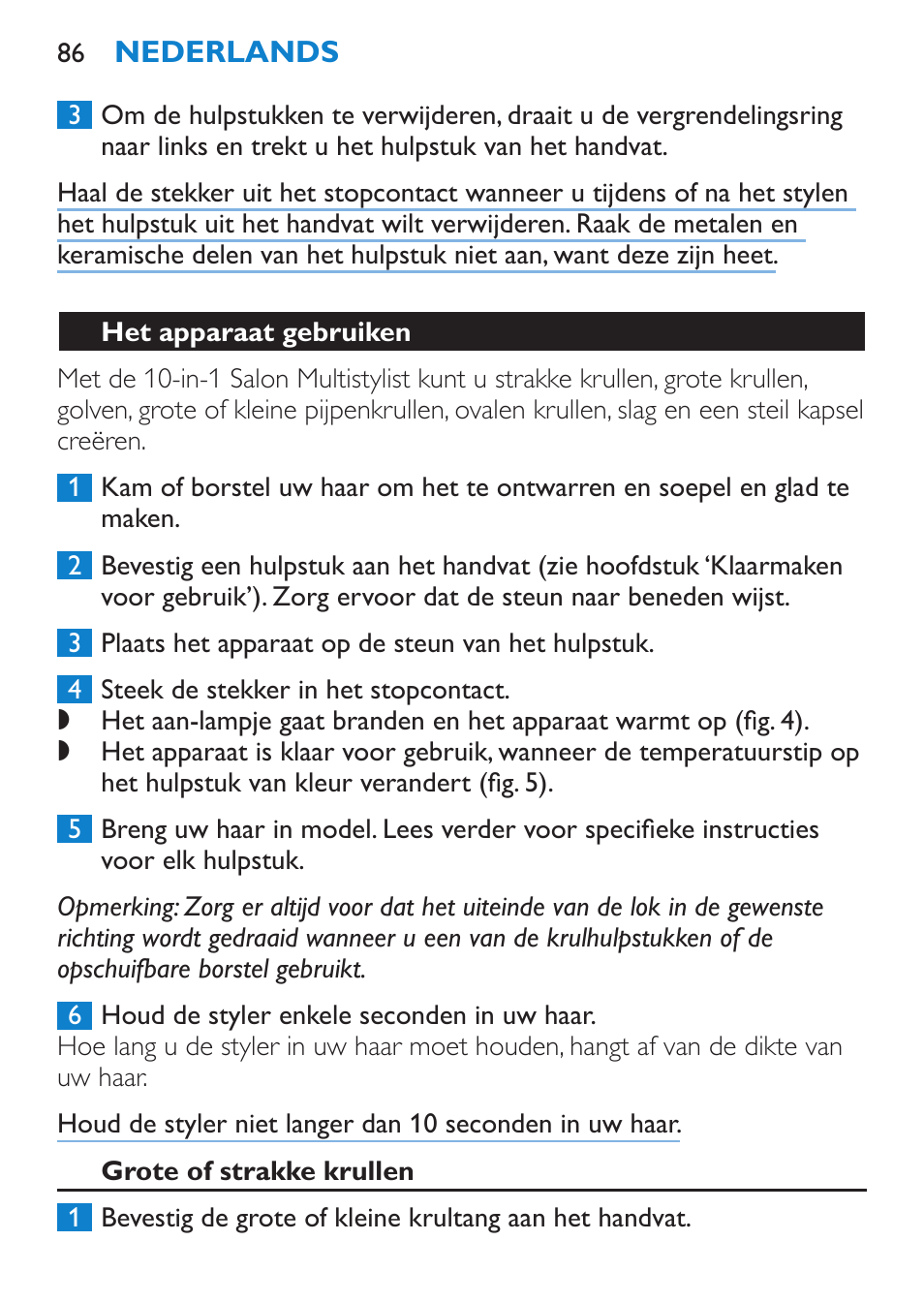 Het apparaat gebruiken, Grote of strakke krullen | Philips Brosse multi-styles User Manual | Page 86 / 148