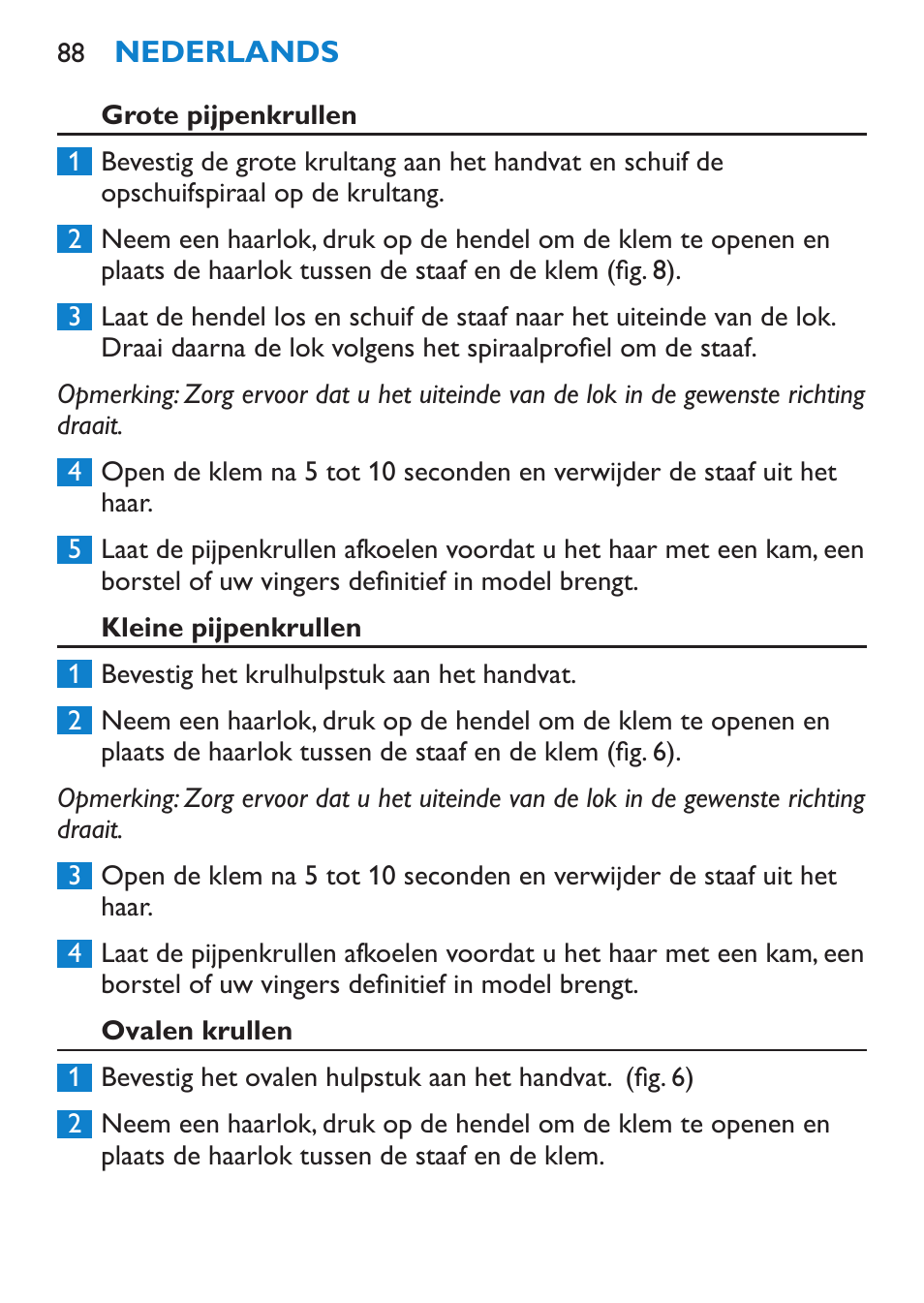 Grote pijpenkrullen, Kleine pijpenkrullen, Ovalen krullen | Philips Brosse multi-styles User Manual | Page 88 / 148
