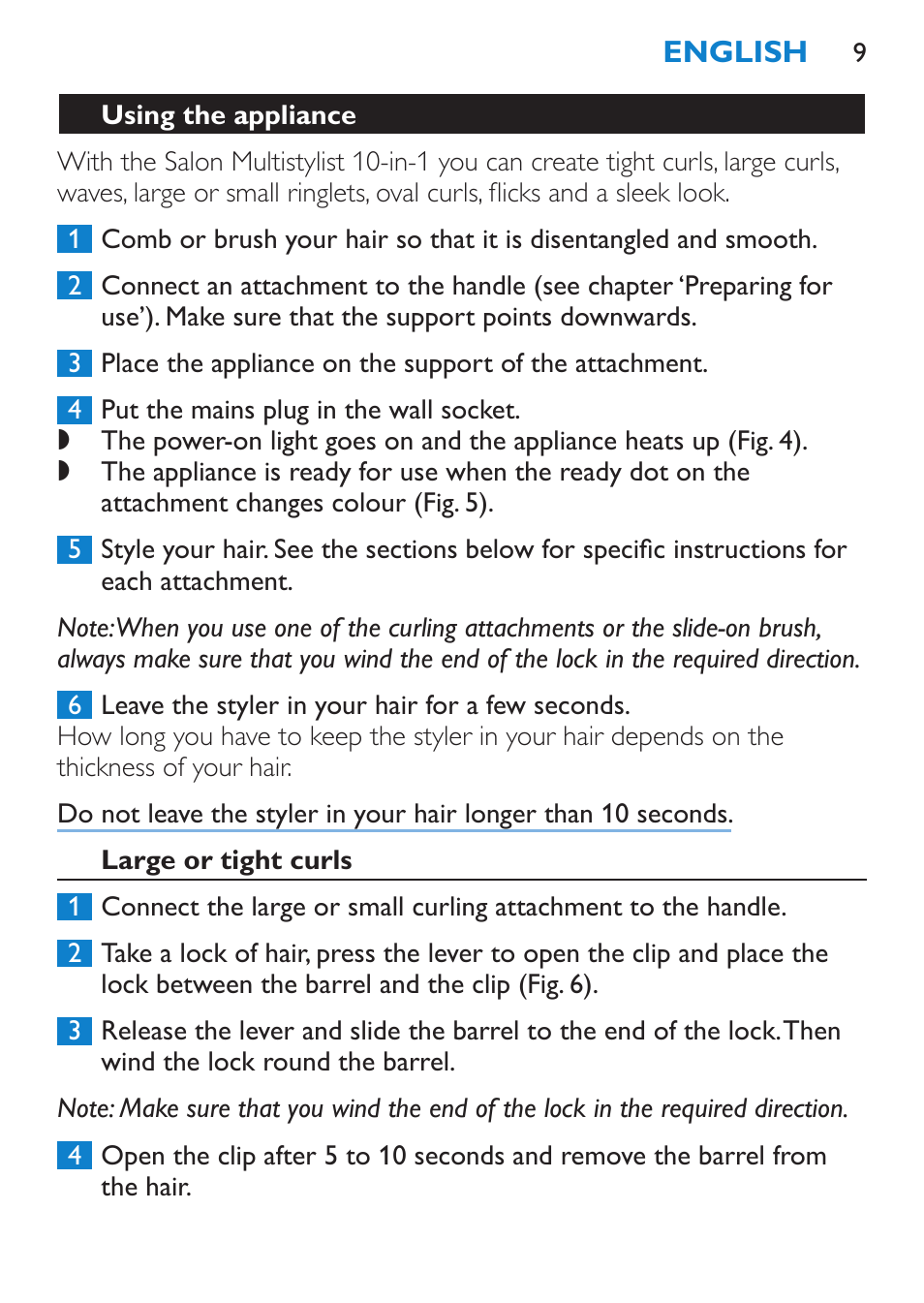 Using the appliance, Large or tight curls | Philips Brosse multi-styles User Manual | Page 9 / 148