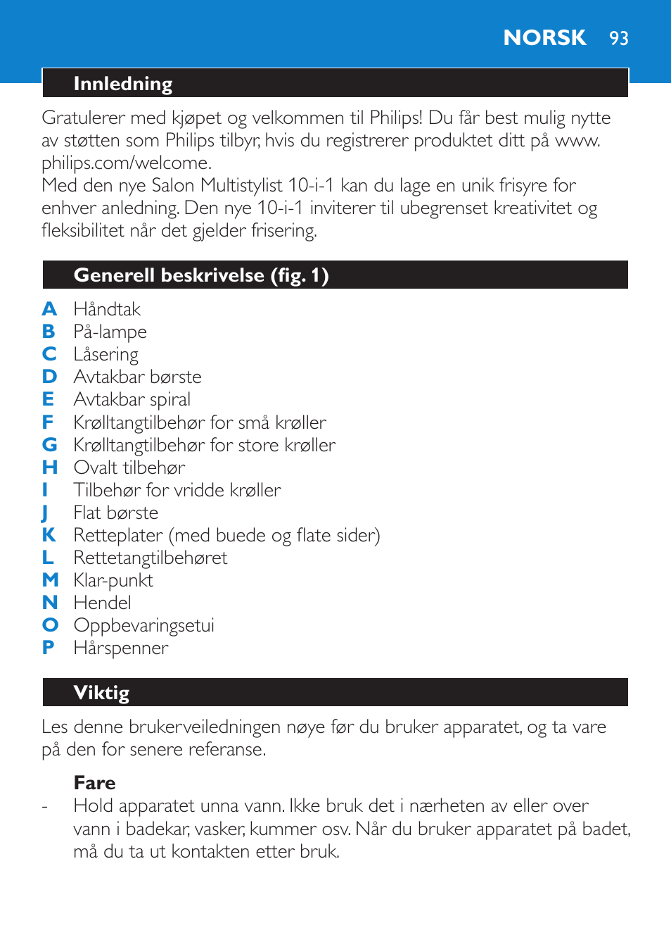 Fare, Norsk, Innledning | Generell beskrivelse (fig. 1), Viktig | Philips Brosse multi-styles User Manual | Page 93 / 148