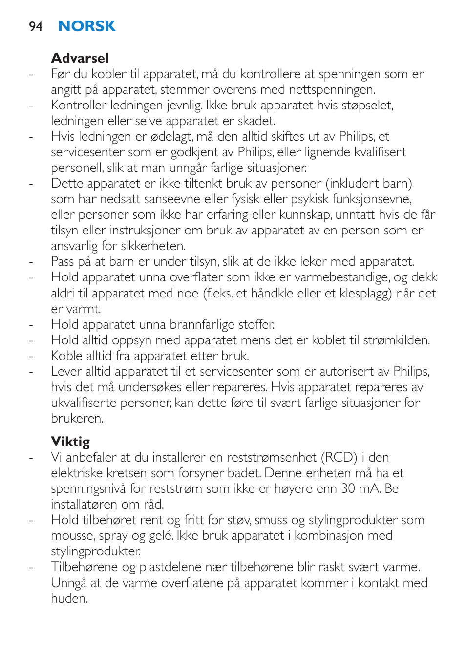 Advarsel, Viktig | Philips Brosse multi-styles User Manual | Page 94 / 148