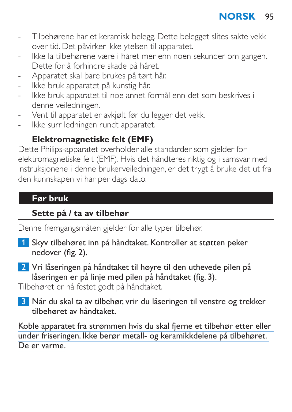 Elektromagnetiske felt (emf), Før bruk, Sette på / ta av tilbehør | Philips Brosse multi-styles User Manual | Page 95 / 148